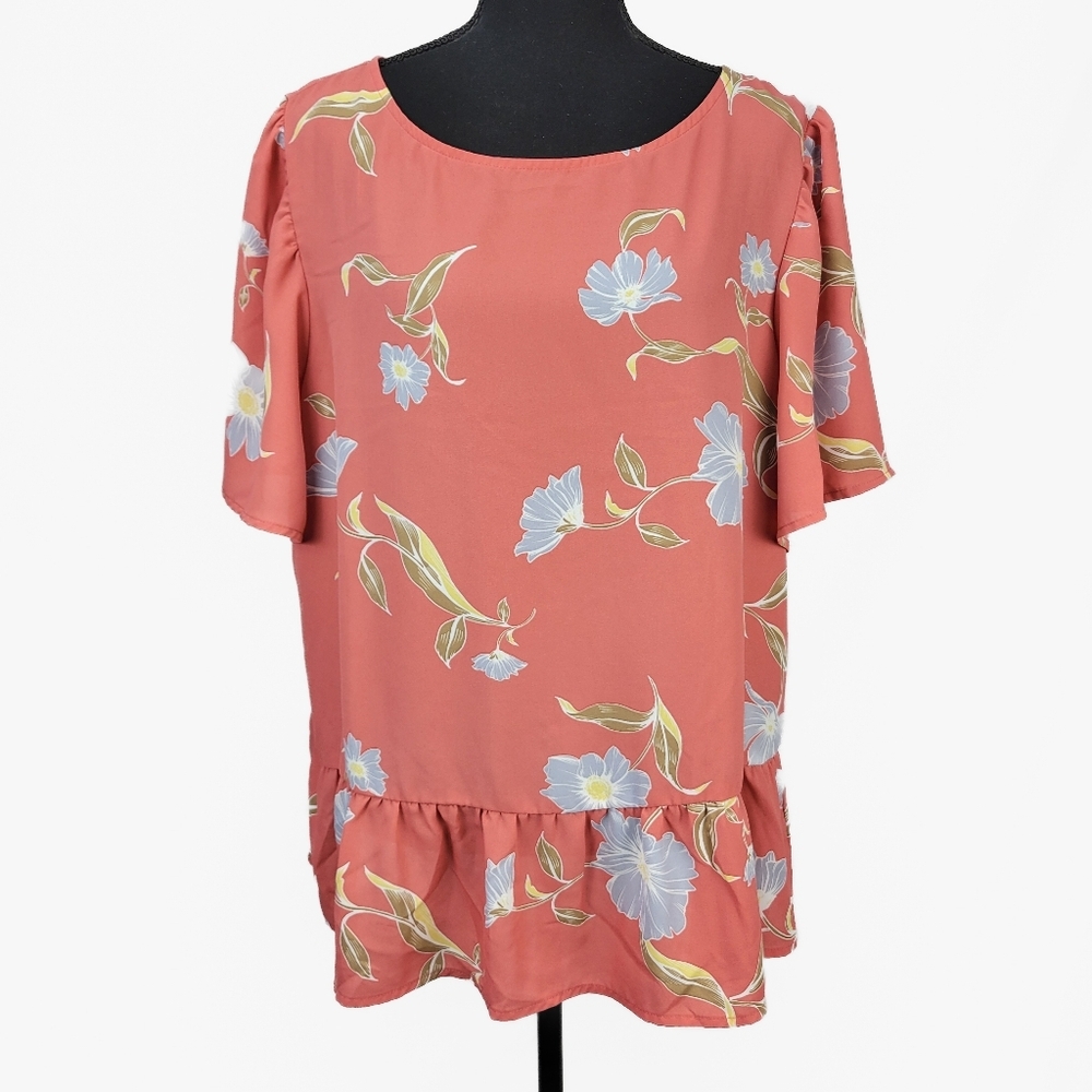 🔥 (5for$35) APT. 9 Peach Floral Short Flutter Sleeve babydoll Blouse Size XL